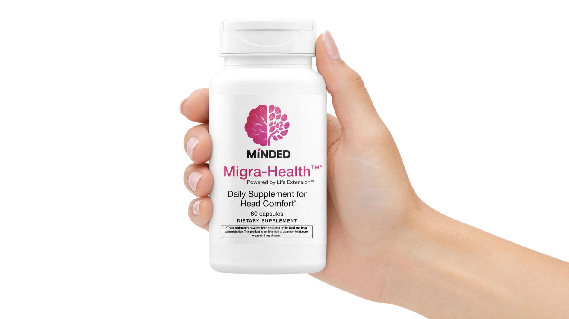 Woman's hand holding a bottle of Migra-Health supplement